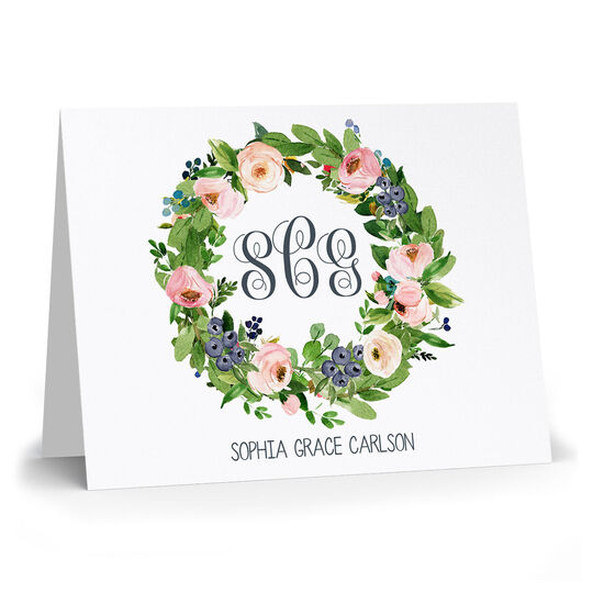 Monogrammed Wreath of Roses Folded Note Cards